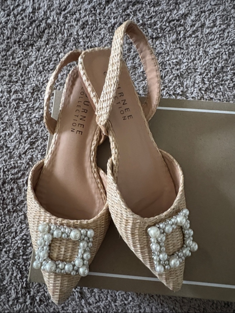 Journee Collection Natural Woven Pearl Buckle Slingback Flats